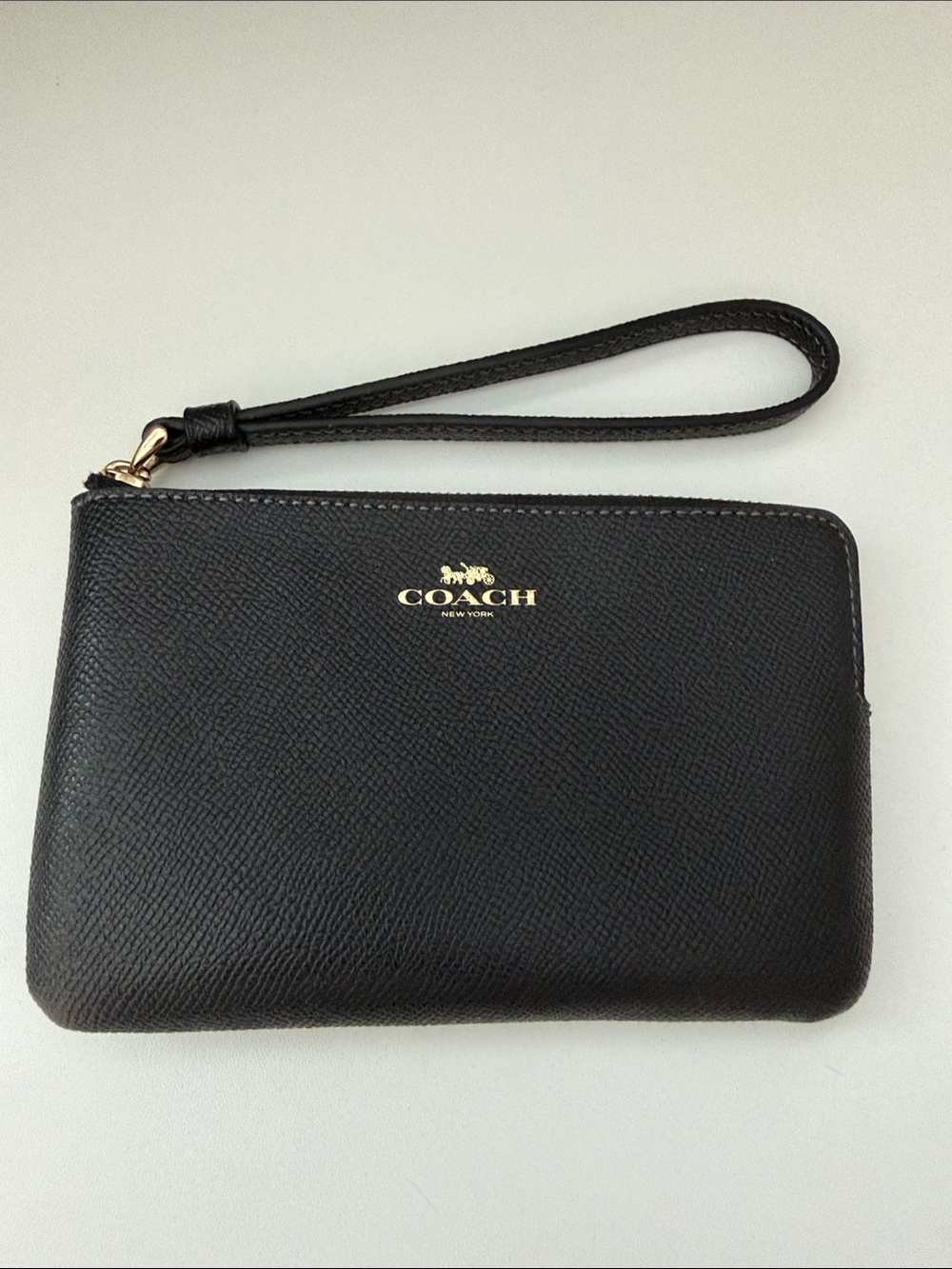 Coach Black Leather Zip Wristlet with Gold Logo